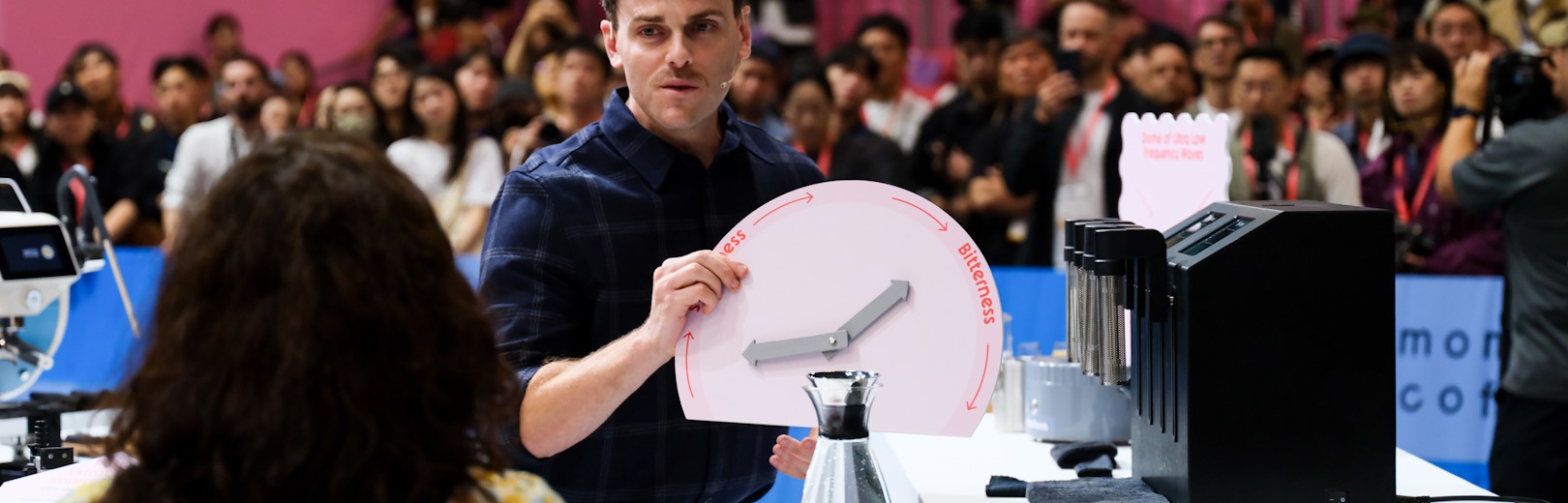 The 2024 Australian Barista Champion Jack Simpson performs at the world finals.