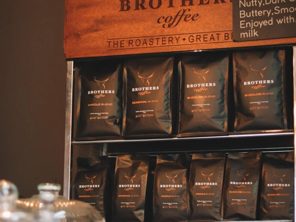 Brothers Coffee bags on shelves.