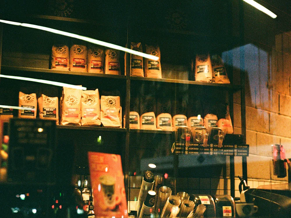 Bags of coffee in a Black Sheep Coffee shop.