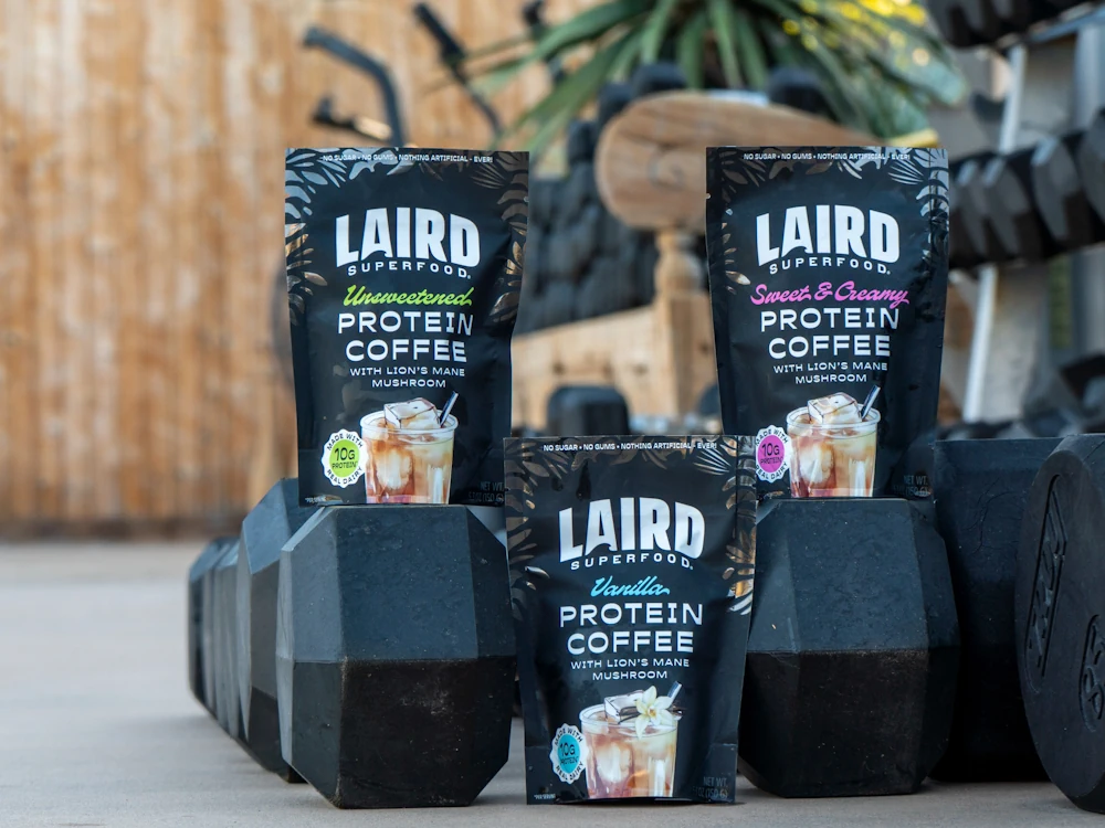 Bags of different flavoured Laird Protein Coffee.