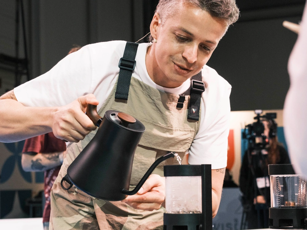 Simon Gautherin prepares filter coffee at the 2026 World Brewers Cup Championship.